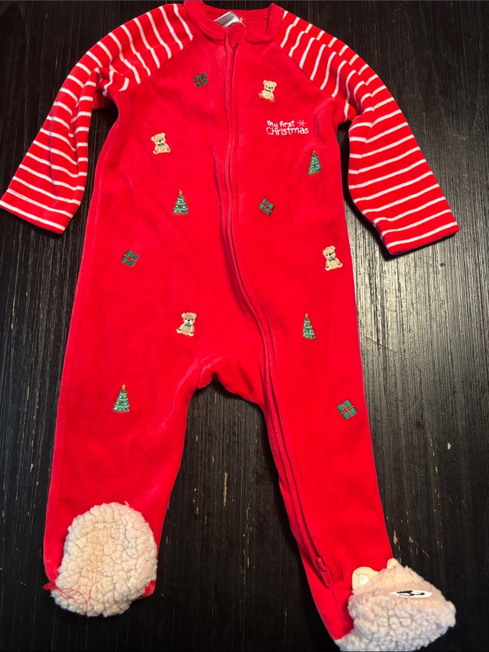 Little Me Red Holiday Embroidered Footie with Striped Sleeves